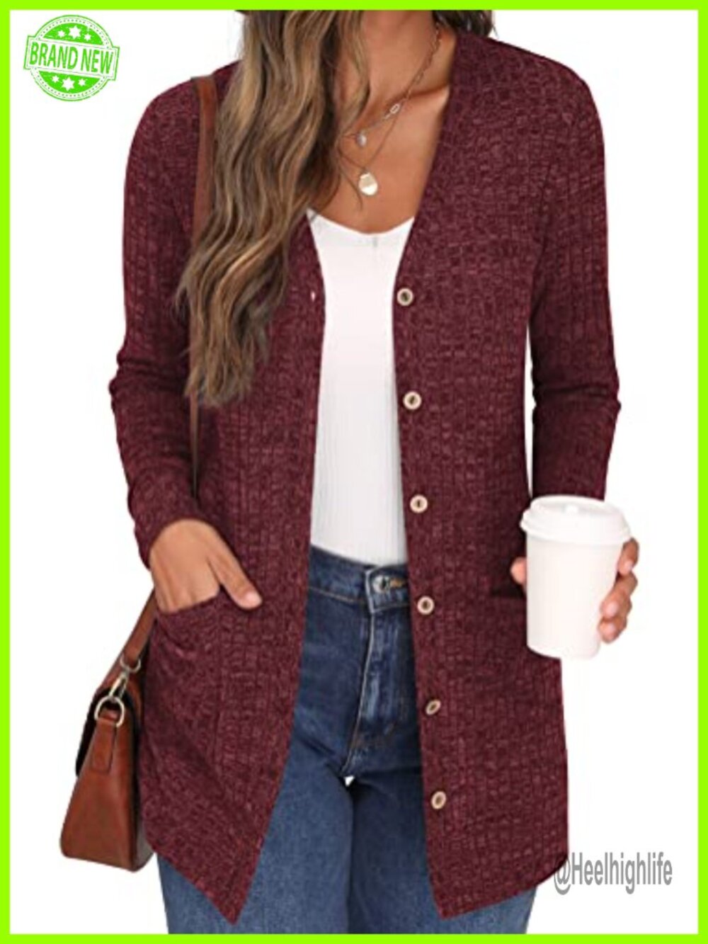 Women's Long Sleeve Open Front Button Down Ribbed Cardigan with Pockets